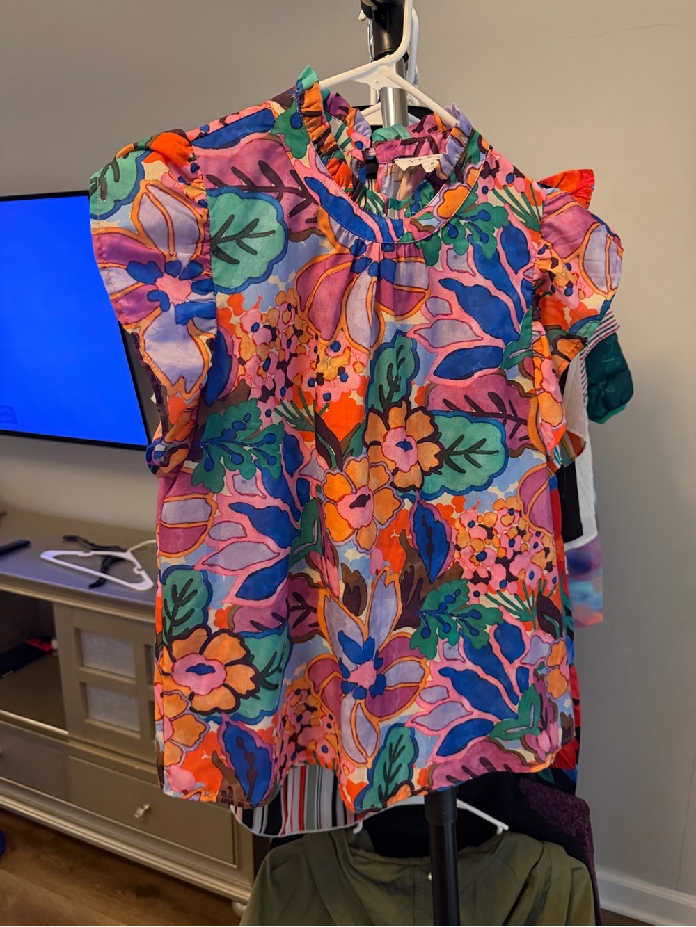 THML Vibrant Floral Ruffle-Sleeve Blouse - Pink Multi
